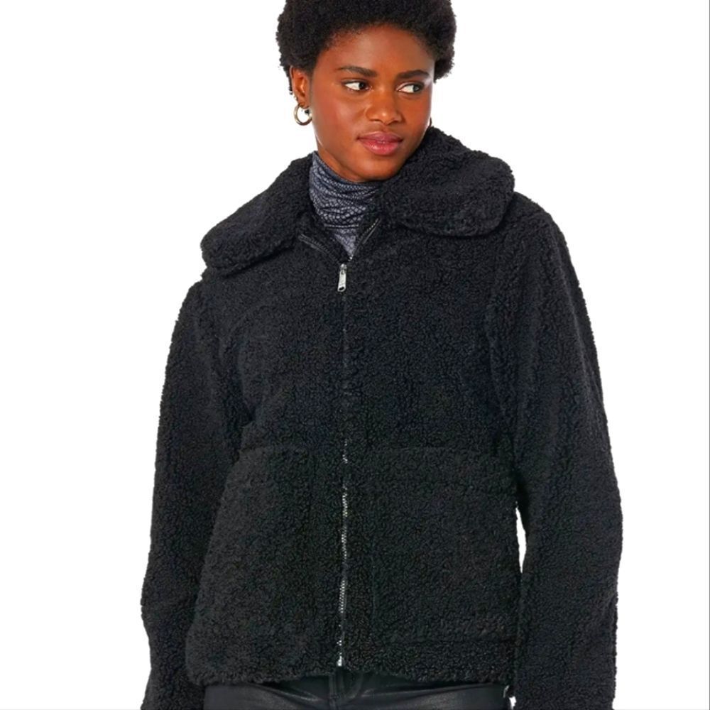 Sam Edleman Faux Fur Short Front Zip Teddy Jacket W/Patch Pockets- Black